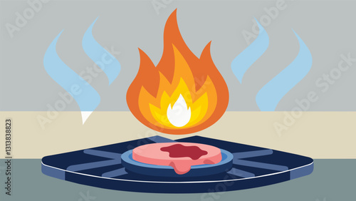 The intense burn of the natural gas flame ignites and sears a sizzling steak on the stove.. Vector illustration