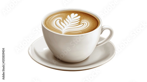 Coffee cup latte with foam art, isolated on transparent background
