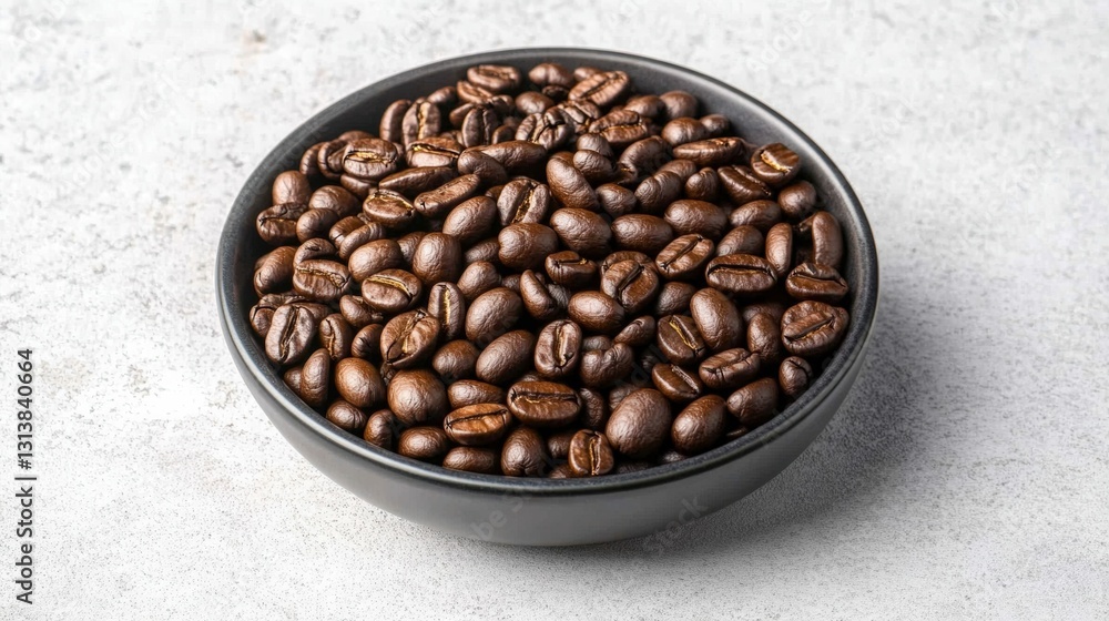 Fototapeta premium Aromatic whole coffee beans in black bowl on stone background for cafe decor and beverage design