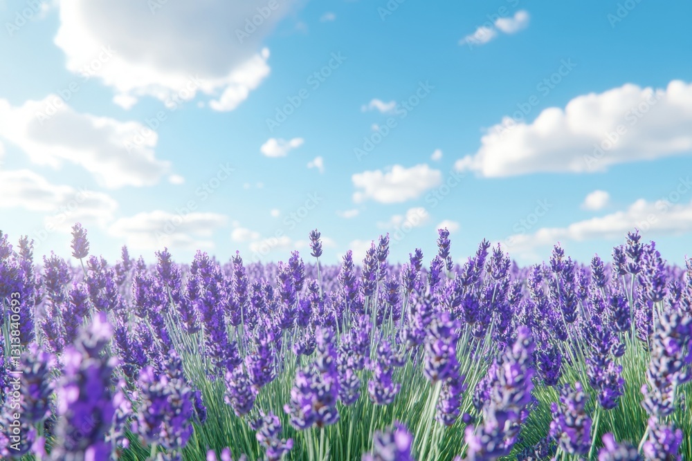Lavender fields in full bloom under a clear blue sky with fluffy clouds Lavender fields in full bloom under a clear blue sky with fluffy clouds