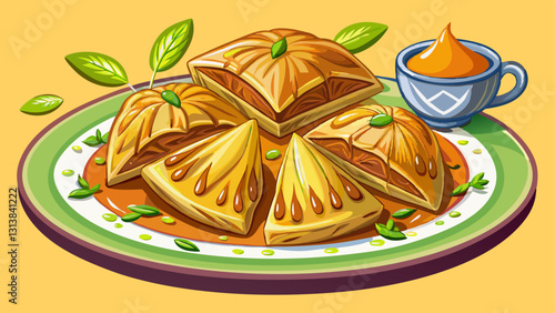 Delicious baklava portions garnished with pistachios and honey on elegant plate with transparent background