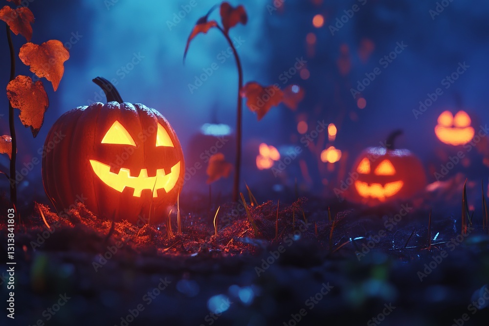 Fototapeta premium A captivating scene of glowing Halloween pumpkins nestled in a nighttime forest, surrounded by mist and autumn leaves, creating a mystical and festive atmosphere.