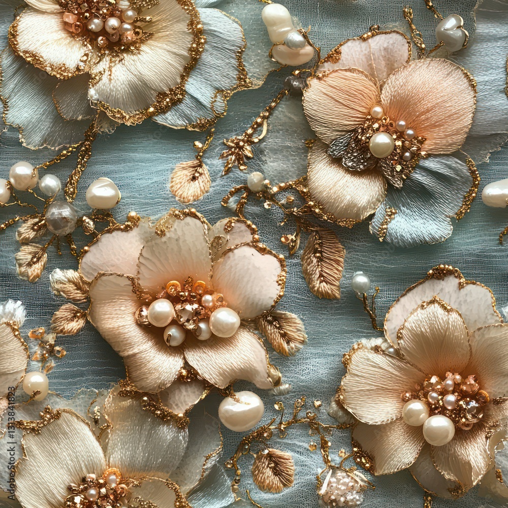 Fototapeta premium Seamless background with beautiful lace ornaments, pearls, jewelry and flowers pattern
