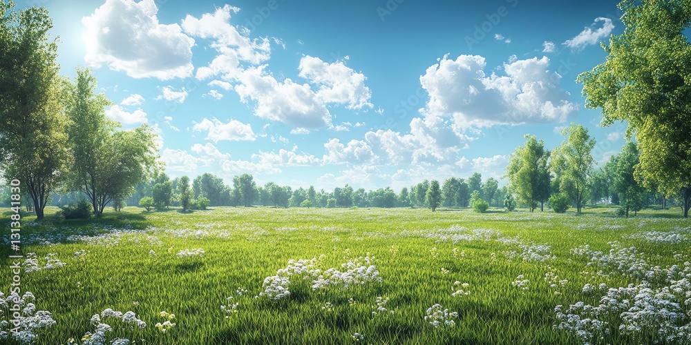 Fototapeta premium Lush Green Meadow Under Bright Blue Sky with Fluffy Clouds