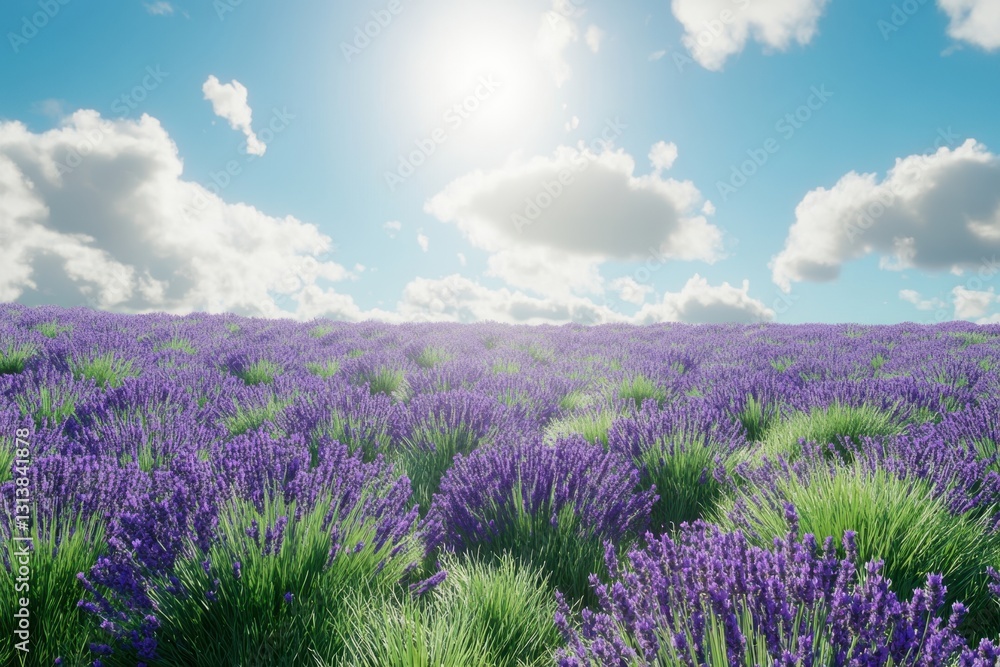 Lavender fields under a bright sun with fluffy clouds in the sky Lavender fields under a bright sun with fluffy clouds in the sky