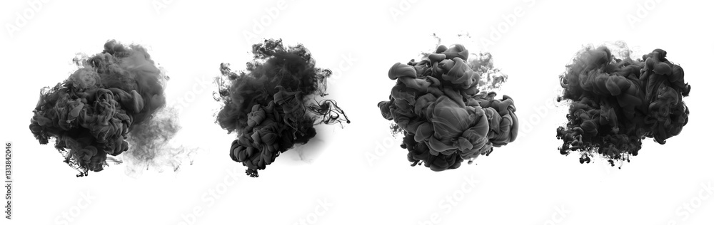 Black smoke ball on empty transparent background. Isolated abstract cloud brushes set. Generative ai Black smoke ball on empty transparent background. Isolated abstract cloud brushes set. Generative ai