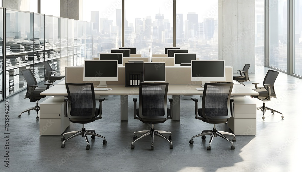 Modern Office Workspace with City View Modern Office Workspace with City View