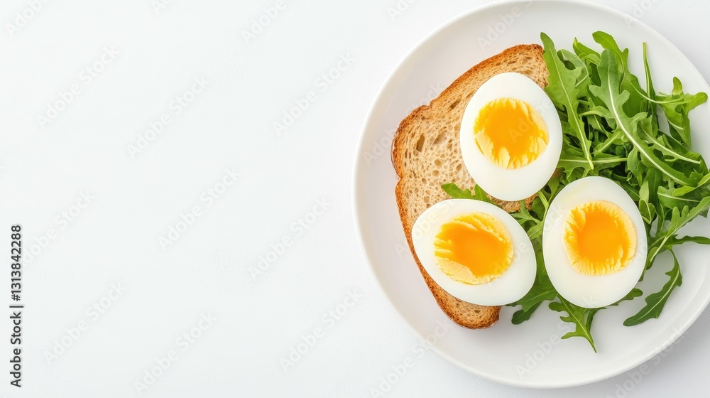 Delicious breakfast with soft boiled eggs toast and fresh arugula for healthy living Delicious breakfast with soft boiled eggs toast and fresh arugula for healthy living
