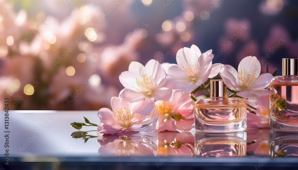 Mirrored surface reflecting flowers and soft light – an elegant illusion of space, perfect for sophisticated and artistic designs Mirrored surface reflecting flowers and soft light – an elegant illusion of space, perfect for sophisticated and artistic designs