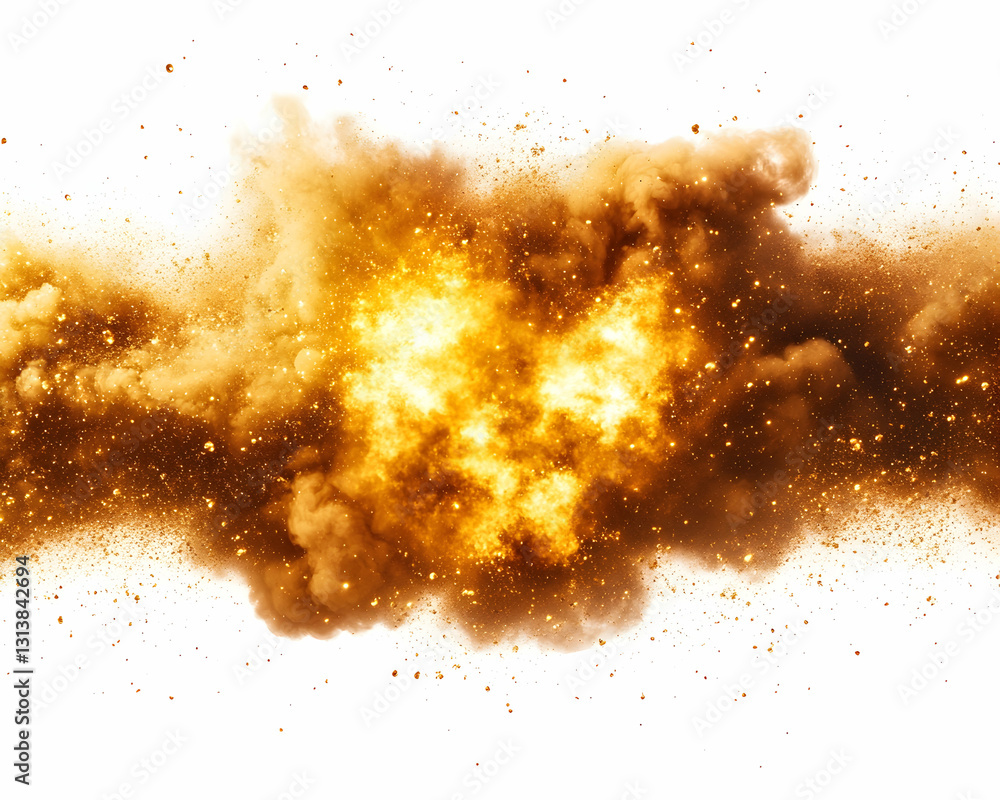 Fiery orange explosion with brown dust cloud isolated on white background Fiery orange explosion with brown dust cloud isolated on white background