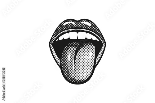 A stylized black mouth with a textured, wireframe tongue, evoking a surreal, digital reality, resembling holographic projections against a dark void, isolated on a transparent background