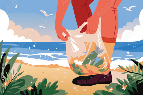 A lone figure bends, diligently collecting plastic debris from a sandy beach, amidst rolling waves, highlighting the urgent issue of ocean pollution.