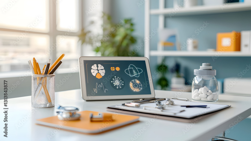 Naklejka premium Health Warning Diagnosis Solution. Modern workspace with digital tools and stationery items.