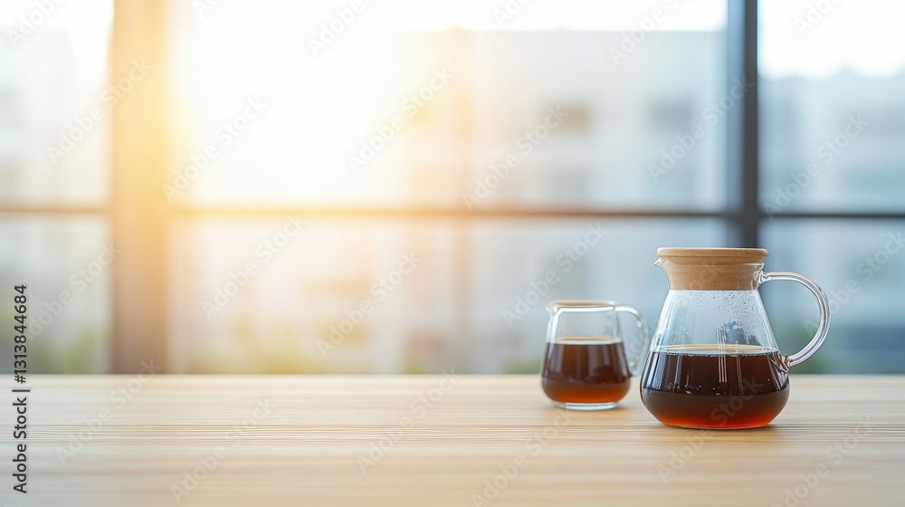 Morning coffee moment in sunlit kitchen with freshly brewed coffee on wooden table Morning coffee moment in sunlit kitchen with freshly brewed coffee on wooden table