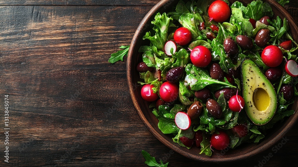 Fresh salad with mixed greens, radish, tomatoes, olives, and avocado Fresh salad with mixed greens, radish, tomatoes, olives, and avocado