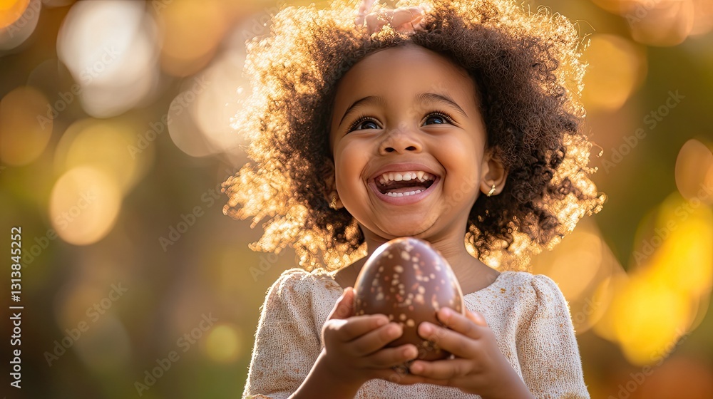 Naklejka premium Joyful child holds chocolate egg, surrounded by vibrant spring c