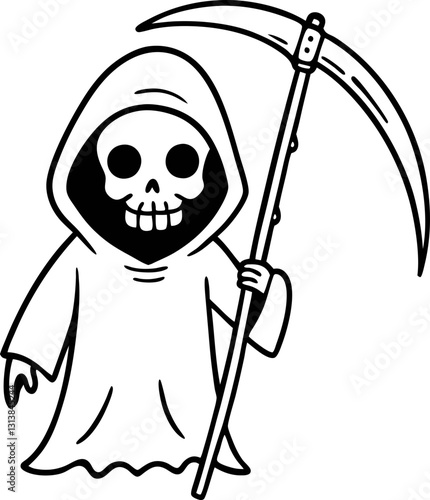 Grim reaper illustration, skeleton holding scythe death icon symbol black and white spooky character