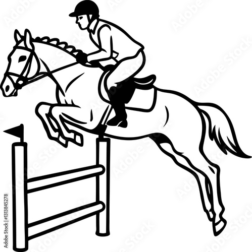 Equestrian jumping illustration horse and rider show jumping competition, black and white drawing