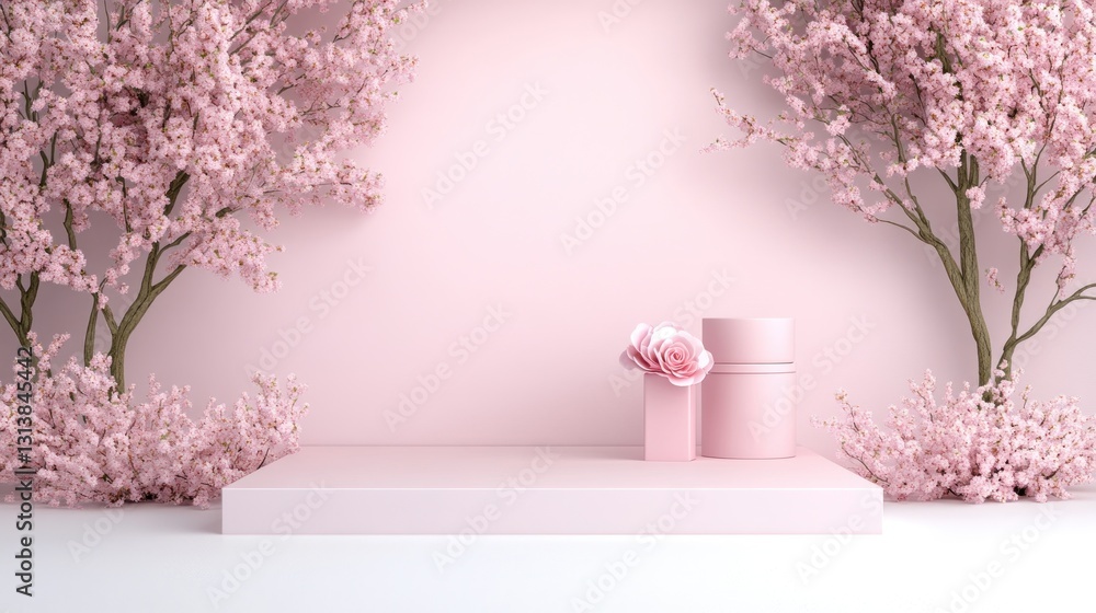 Obraz premium Pink Blossom Paradise: Elegant Product Display with Cherry Trees