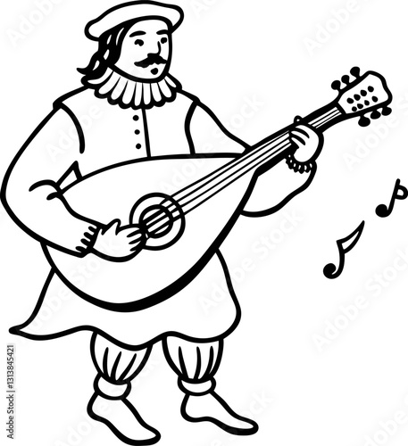 Medieval minstrel playing lute, historical musician illustration, black and white art