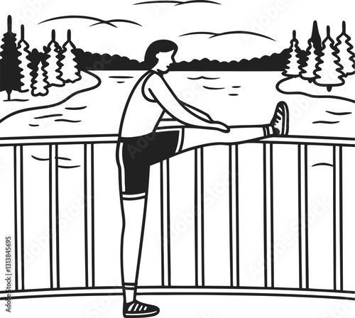 Woman stretching by lakeside railing in outdoor exercise routine, peaceful nature setting