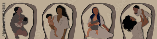 Vector abstract banner of an African-American mother holding child in flat, paper cut style in soft pastel colors. For the design of Mother's Day cards, kids, baby illustrations. Mom and daughter