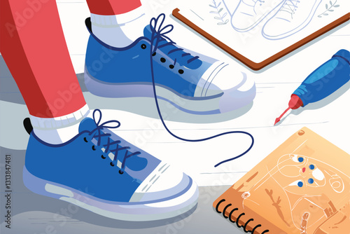 Close-up shot of hands carefully lacing a worn, patched sneaker; needle and thread visible; focus on detail and texture of the repair.