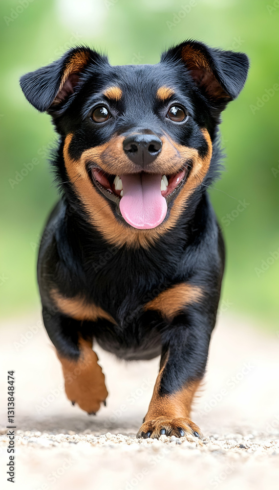 Happy small black and tan dog running towards the camera with tongue out Happy small black and tan dog running towards the camera with tongue out