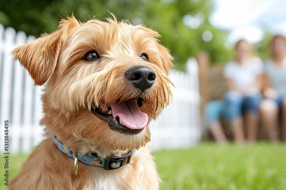Happy small dog outdoors with family in background Happy small dog outdoors with family in background