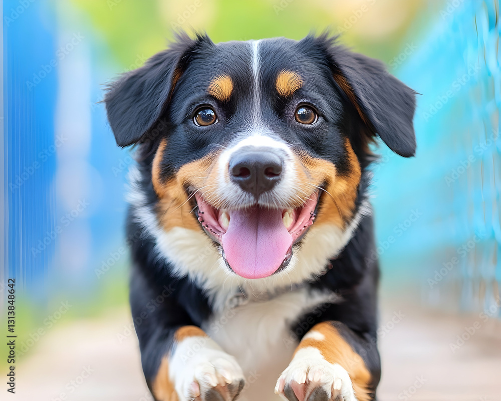 Happy tri-colored dog running towards camera, tongue out, smiling Happy tri-colored dog running towards camera, tongue out, smiling
