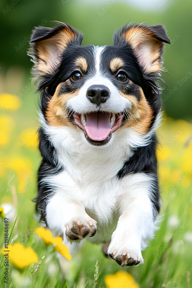 Happy tri-colored dog bounding through a dandelion field Happy tri-colored dog bounding through a dandelion field