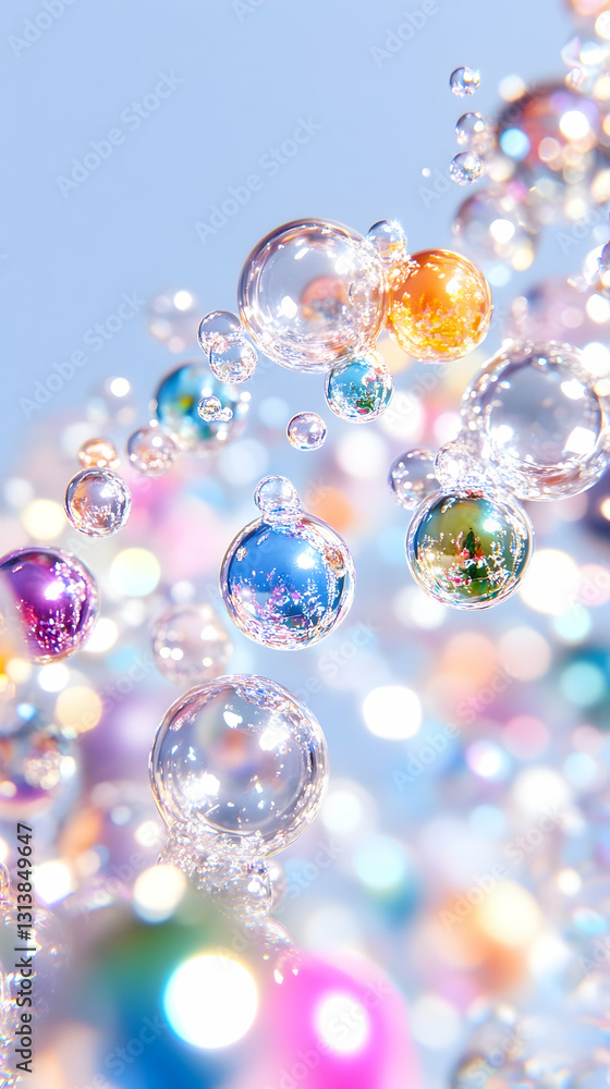 Iridescent bubbles float against a pastel blue sky, creating a dreamy, ethereal effect Iridescent bubbles float against a pastel blue sky, creating a dreamy, ethereal effect