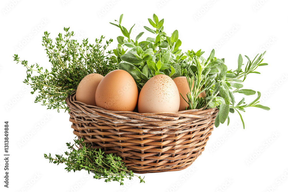 fresh organic eggs in wicker basket with rosemary, thyme and green herbs. fresh organic eggs in wicker basket with rosemary, thyme and green herbs.
