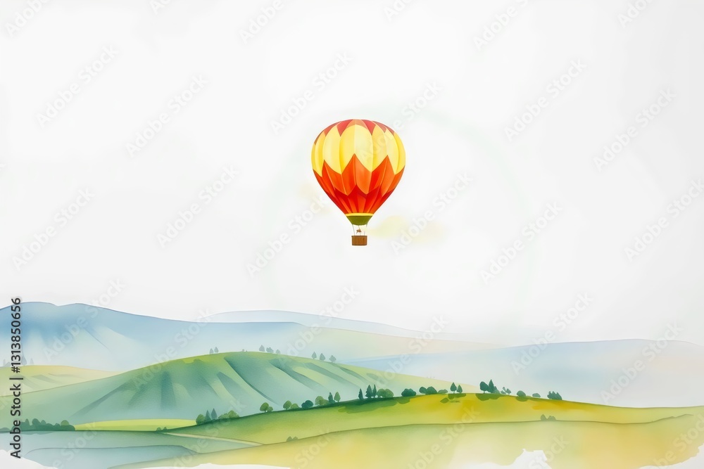 Naklejka premium Soaring Dreams: A vibrant hot air balloon ascends over a picturesque landscape of rolling hills and a serene body of water, symbolizing freedom, adventure, and the pursuit of aspirations. 