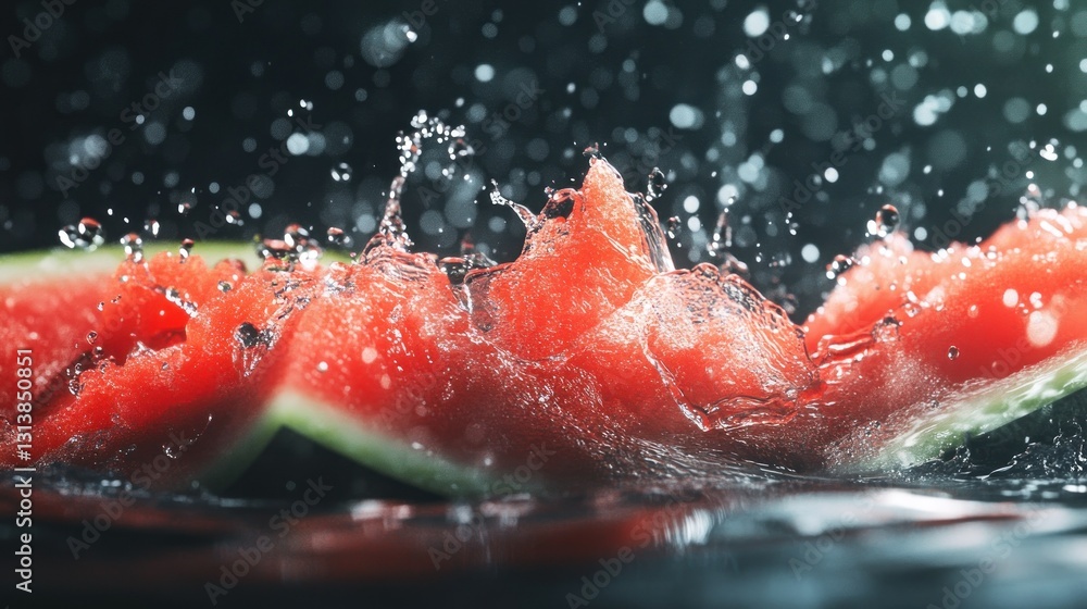 Water splashes over fresh cut slices of juicy red watermelon Water splashes over fresh cut slices of juicy red watermelon