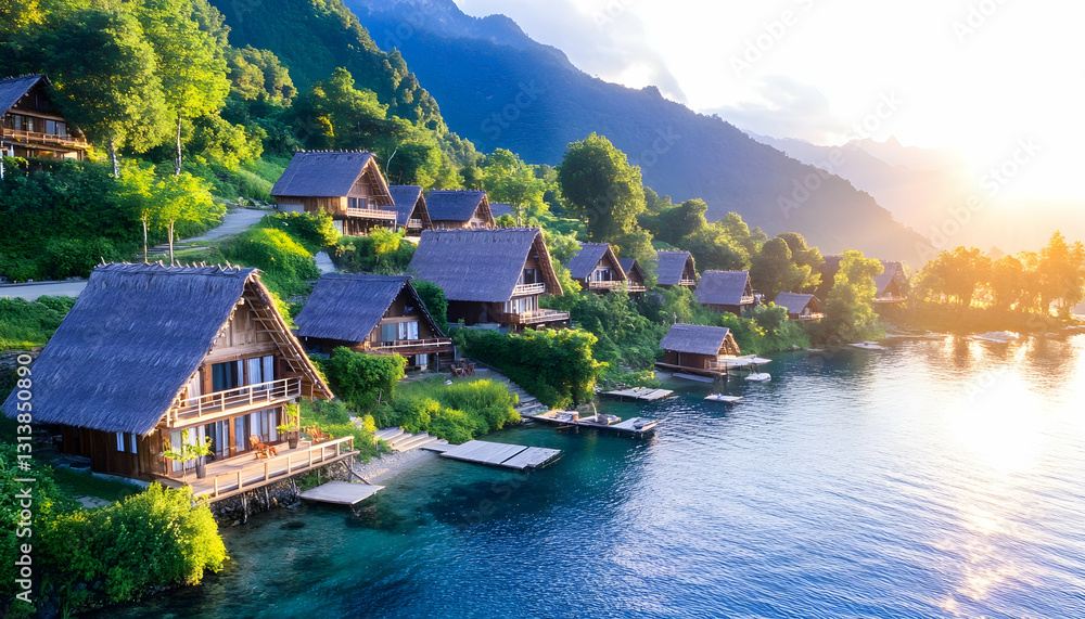 Naklejka premium Lakeside village of idyllic thatched-roof houses nestled on a hillside at sunset