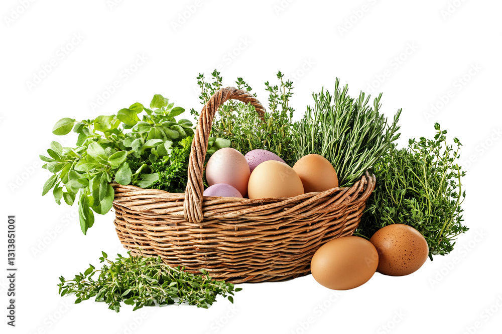 fresh organic eggs in wicker basket with rosemary, thyme and green herbs. fresh organic eggs in wicker basket with rosemary, thyme and green herbs.