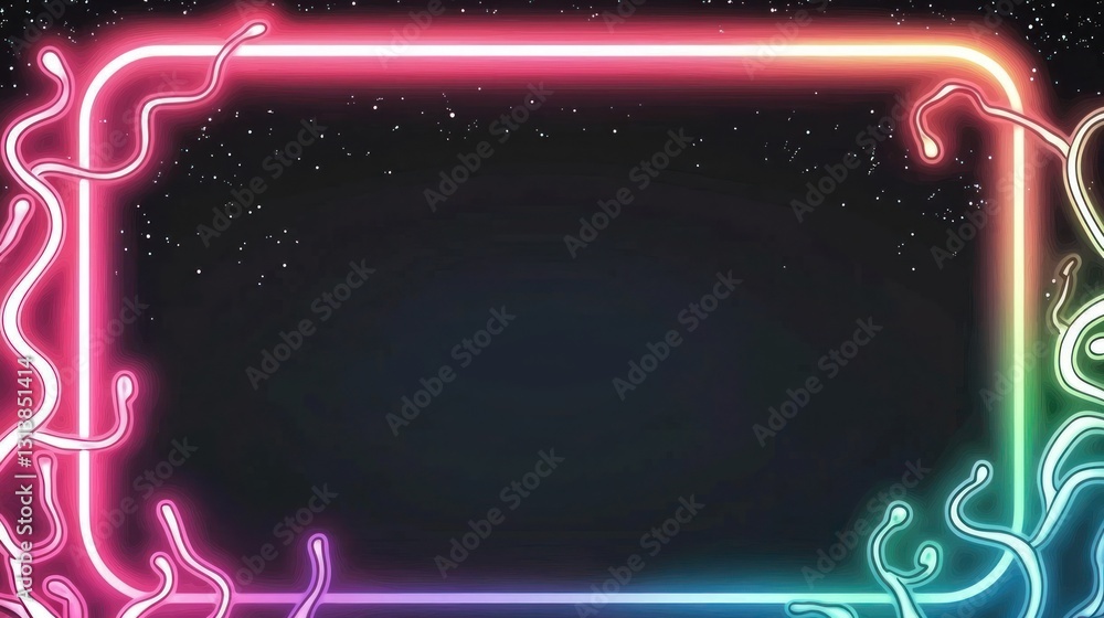 Obraz premium Colorful border Neon rectangle with tendrils against a starry dark space background