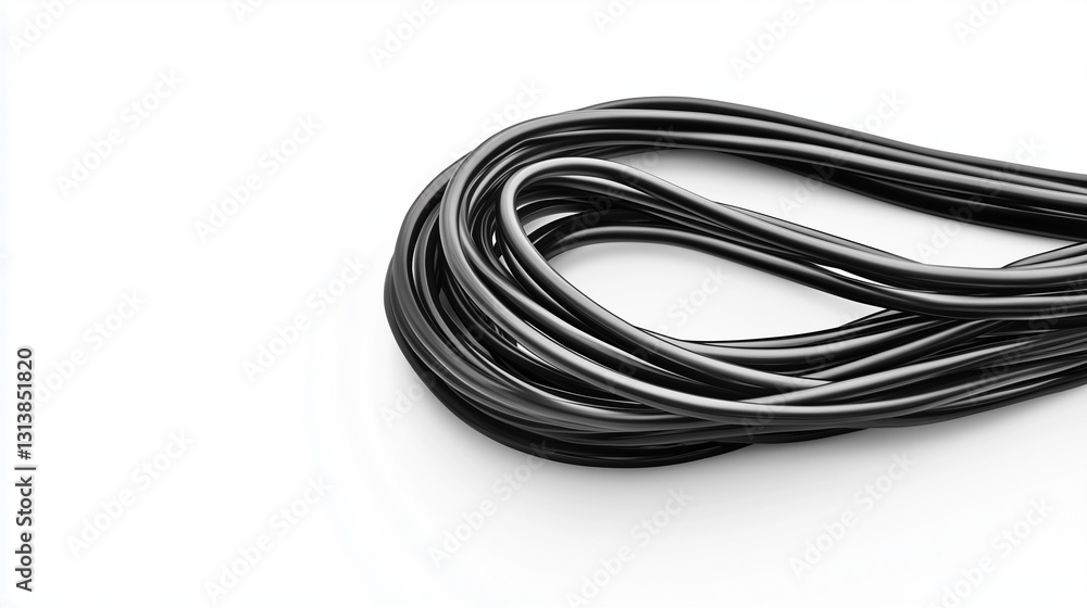 The black wire cable rests on a white background, forming a simple yet striking abstraction.
The black wire cable rests on a white background, forming a simple yet striking abstraction.