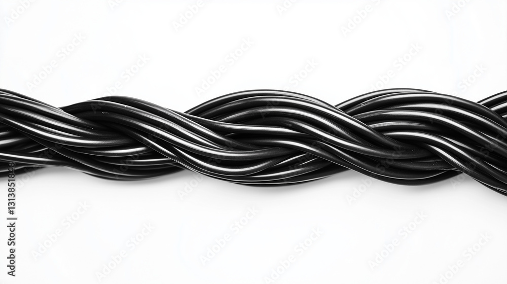 A black wire cable stands out against a white background, offering a modern abstract composition. A black wire cable stands out against a white background, offering a modern abstract composition.