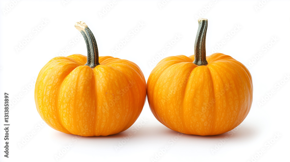 Fototapeta premium Two mini pumpkins are isolated on a white background, showcasing their vibrant orange color. 