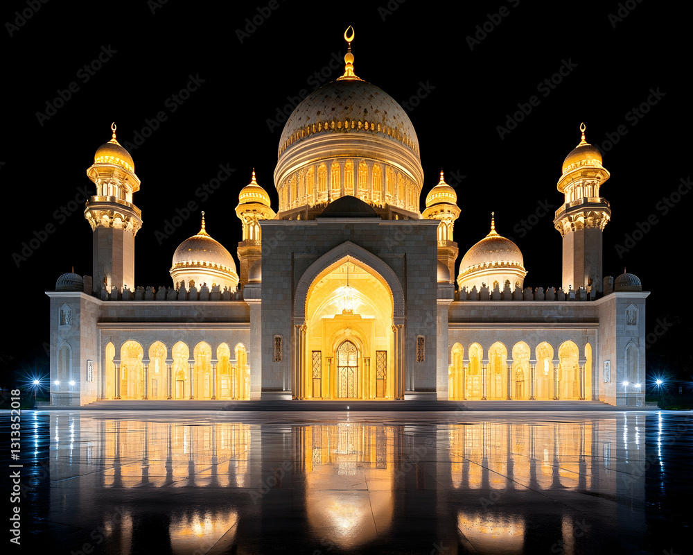 Fototapeta premium Majestic illuminated mosque at night, reflecting in still water