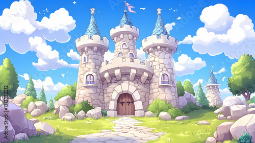 Majestic stone castle on a sunny hill, surrounded by greenery and fluffy clouds