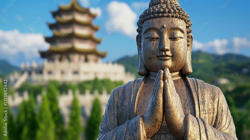 Serene Bronze Buddha Statue Before a Golden Pagoda and Mountain Landscape Serene Bronze Buddha Statue Before a Golden Pagoda and Mountain Landscape