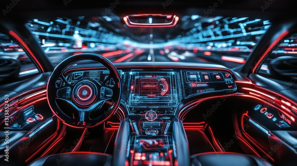 Obraz premium A futuristic car interior with neon lights and information displays