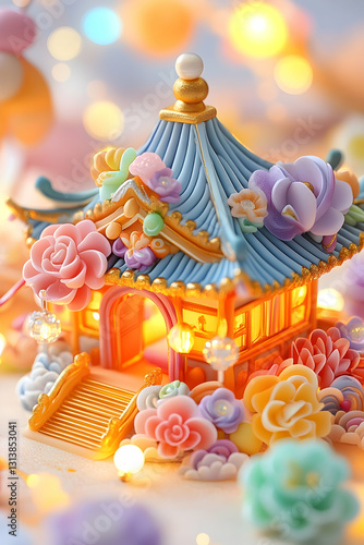 Miniature pastel pagoda with floral accents and warm lighting photo