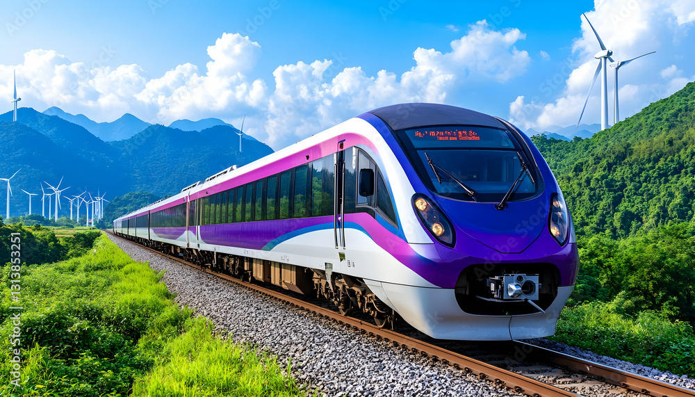 Naklejka premium Modern electric train travels scenic route past wind turbines & mountains