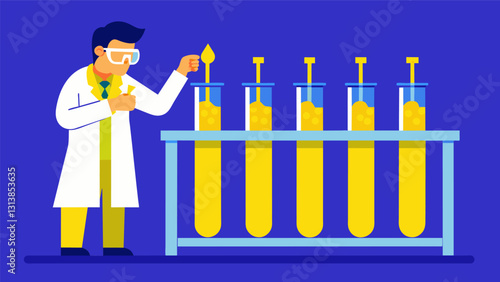 Test tubes filled with bright yellow liquids sit in a rack as a scientist adds a drop of reagent to each one conducting a series of chemical tests to. Vector illustration