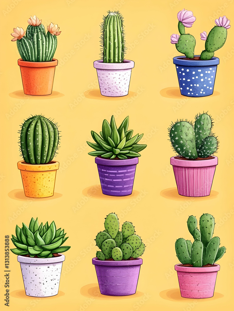 Nine potted succulents and cacti in various colors and styles Nine potted succulents and cacti in various colors and styles