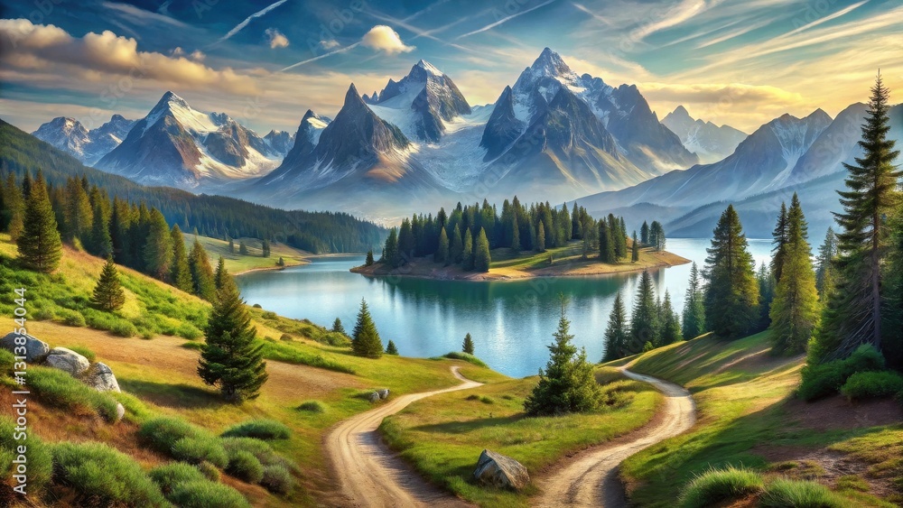 Fototapeta premium Serene Mountain Lake Vista A Picturesque Winding Path Leads to an Island Sanctuary Amidst Majestic Peaks and Verdant Slopes at Dawn